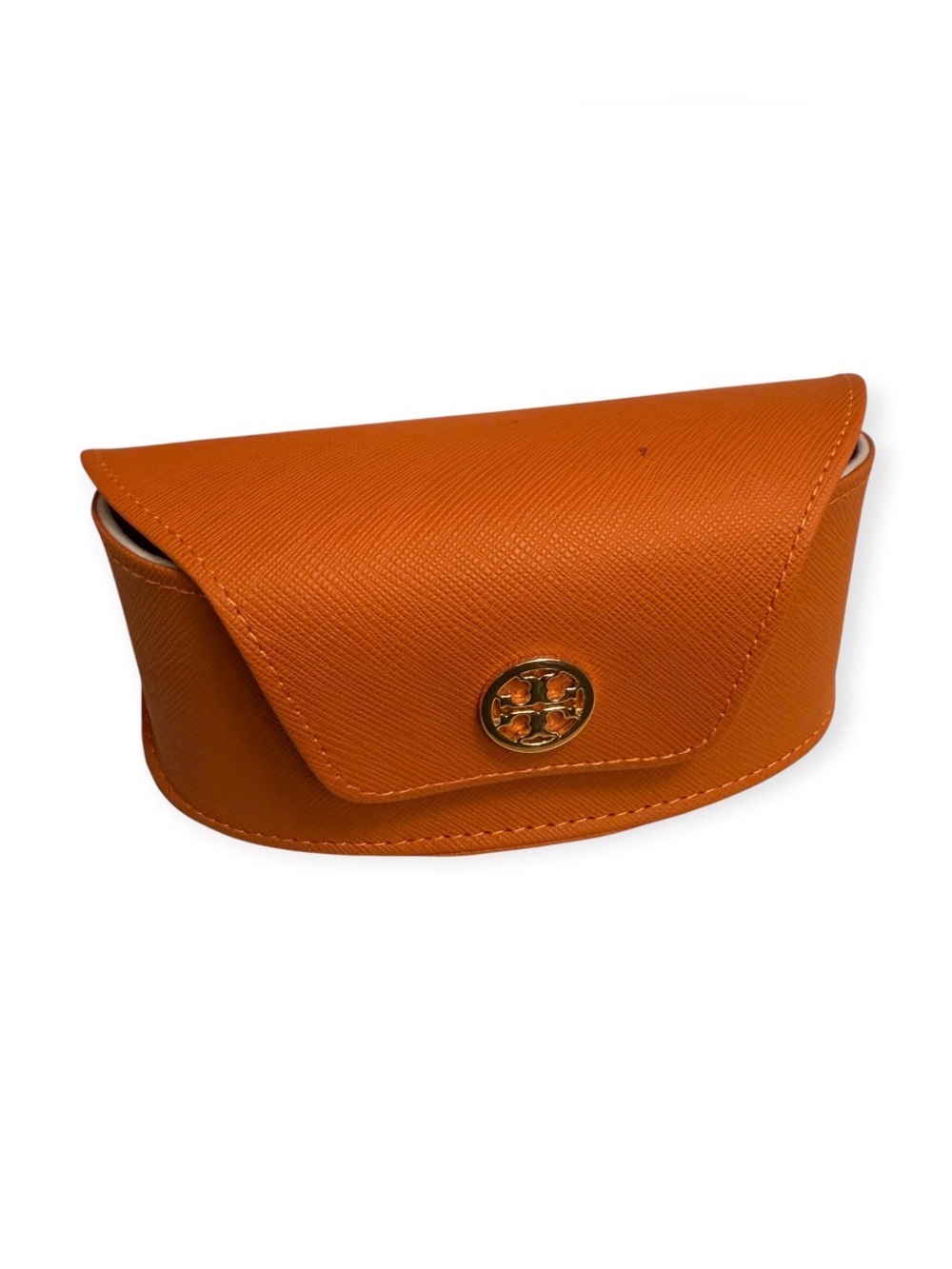 Tory Burch Orange Leather Sunglasses Case with Logo Medallion